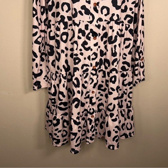 LARGE LEOPARD PRINT TUNIC DRESS TOP RUFFLE LONG SLEEVE STRETCH BLACK CREAM/PINK - Picture 3 of 12